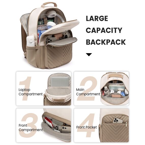LOVEVOOK Rucksack Damen, Laptoprucksack 15,6 Zoll, Schulrucksack Mädchen Teenager mit USB Ladeanschluss, Schultasche Rucksäcke Elegant für Schule Reise Uni Arbeit, Beige Khaki