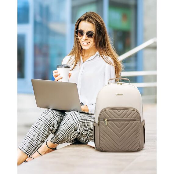 LOVEVOOK Rucksack Damen, Laptoprucksack 15,6 Zoll, Schulrucksack Mädchen Teenager mit USB Ladeanschluss, Schultasche Rucksäcke Elegant für Schule Reise Uni Arbeit, Beige Khaki