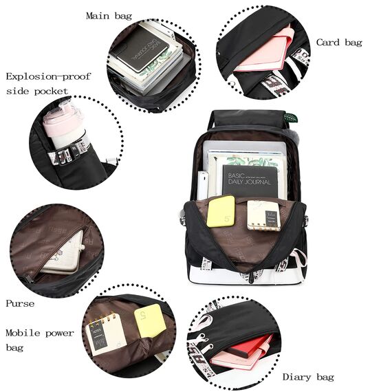 Asge Schulrucksack Mädchen Schulranzen mit Ergonomischem Design Schultasche Campus Backpack Nylon Wasserdicht Daypacks Damen Freizeitrucksack Teenager Rucksäcke Modisch Schule Bag, Schwarz