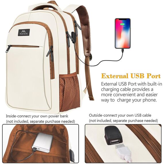 MATEIN Laptop Rucksack Damen, Großer Schulrucksack Jungen 17,3 Zoll Backpack Notebook Laptoptasche mit USB Ladeanschluss, Arbeit, Wasserdichter Rucksack Teenager Notebook College Tech, Beigebraun