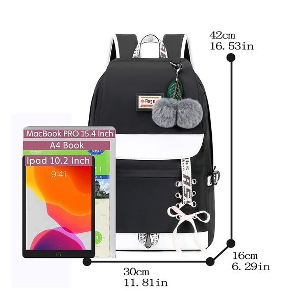 Asge Schulrucksack Mädchen Schulranzen mit Ergonomischem Design Schultasche Campus Backpack Nylon Wasserdicht Daypacks Damen Freizeitrucksack Teenager Rucksäcke Modisch Schule Bag, Schwarz