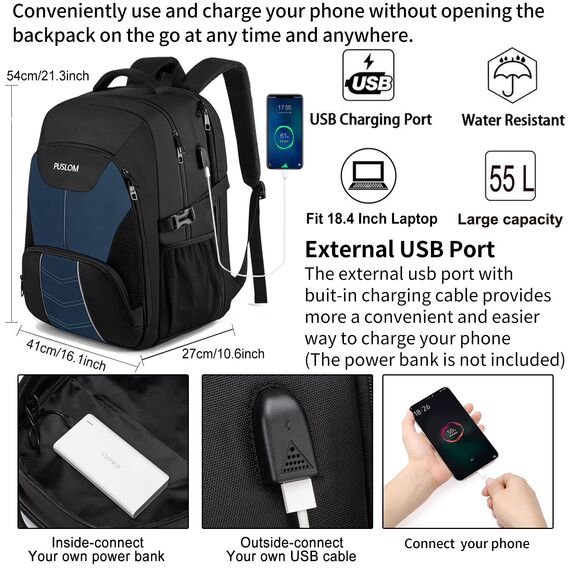 Extra Großer Rucksack Herren 55L Wasserdicht 18.4 Zoll Laptoptasche Arbeit Laptop mit USB Ladeanschluss Anti Diebstahl Business Reisen Schulrucksack für Männer Frauen Jungen Teenager Blau