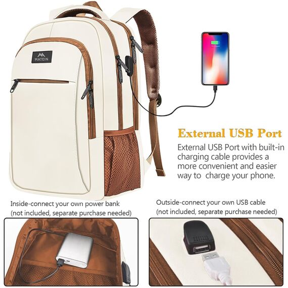 MATEIN Business Laptop Rucksack 15,6 Zoll Reise Laptoptasche mit USB Ladeanschluss Wasserabweisend Daypack Arbeit College Computer Herren Damen, Beigebraun
