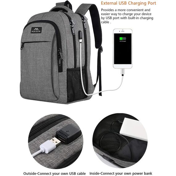 MATEIN Daypacks, Laptop Rucksäcke 17,3 Zoll Anti Diebstahl Tasche Herren Arbeit Rucksack College mit USB Ladeanschluss für Männer, Frauen, Arbeit, Reisen, Business, Grau