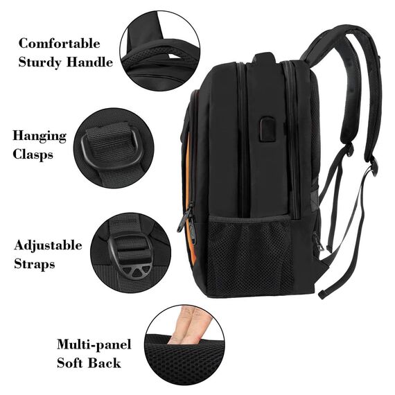 MATEIN Schulrucksack Teenager, Laptop Rucksack 17,3 Zoll Schulrucksack Jungen, Laptoptasche mit USB Ladeanschluss für Arbeit, Reisen, Wanderrucksack, Schulanfang, Essential Bag Damen, Schwarzorange