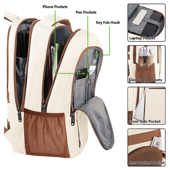 MATEIN Business Laptop Rucksack 15,6 Zoll Reise Laptoptasche mit USB Ladeanschluss Wasserabweisend Daypack Arbeit College Computer Herren Damen, Beigebraun