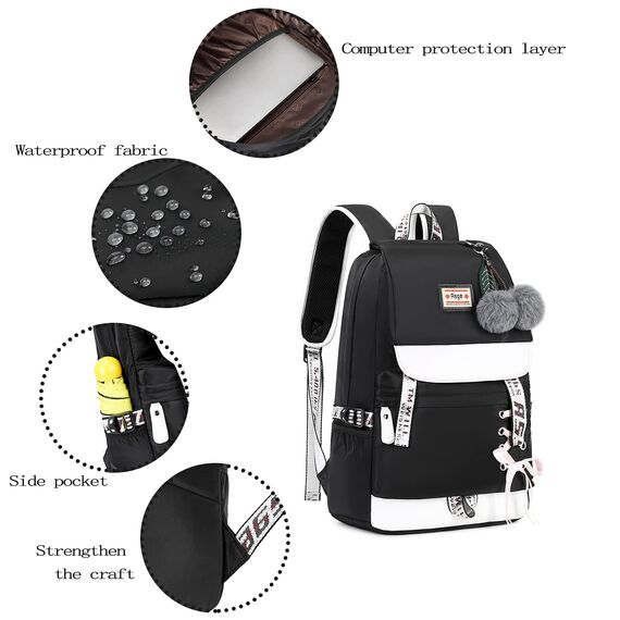 Asge Schulrucksack Mädchen Schulranzen mit Ergonomischem Design Schultasche Campus Backpack Nylon Wasserdicht Daypacks Damen Freizeitrucksack Teenager Rucksäcke Modisch Schule Bag, Schwarz