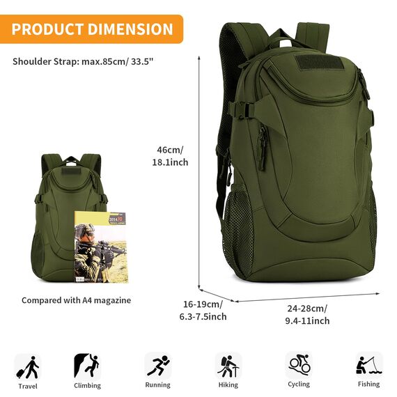 VINBAGGE Rucksack Molle Taktische Motorrad Wanderrucksack Outdoor Wasserdicht Trekkingrucksack 25L Campus Jagdrucksack Schulrucksack Jungen Daypack für Herren Damen Grün