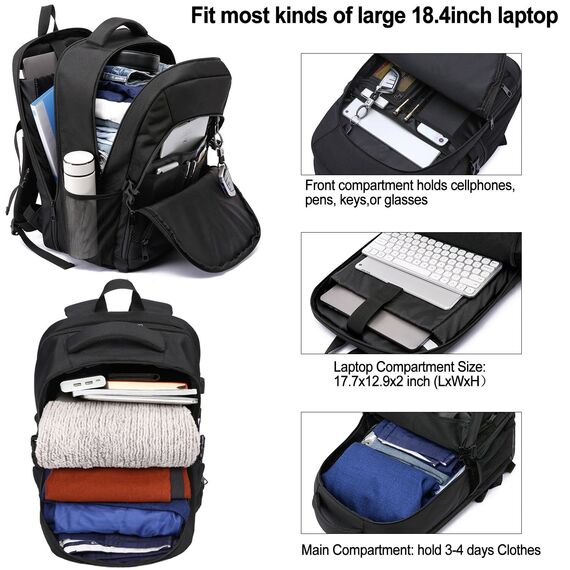 18.4 Zoll Laptop Rucksack Herren 55L,Extra Groß Wasserdichte Arbeit ,Anti Diebstahl Business Reisen Laptoptasche mit USB Ladeanschluss Schulrucksack für Männer Frauen Jungen Teenager - Schwarz