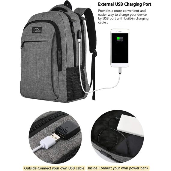 MATEIN Reise Laptop Rucksack 15,6 Zoll Multifunktion Notebook Laptoprucksack Business Arbeit Backpack Daypack Herren mit USB Ladeanschluss Geschenk Männer Damen, Grau