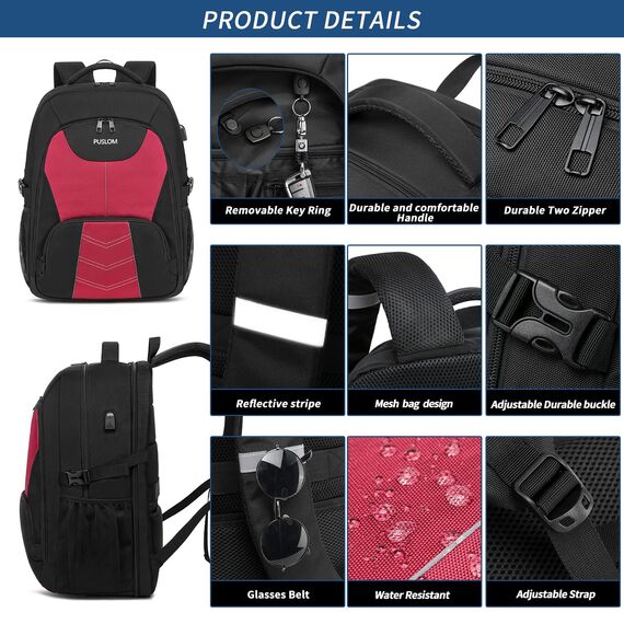 Extra Großer Rucksack Damen 55L Wasserdicht 18.4 Zoll Laptoptasche Arbeit Laptop Rucksack mit USB Ladeanschluss Anti Diebstahl Business Reisen Schulrucksack für Männer Frauen Jungen Teenager Rot