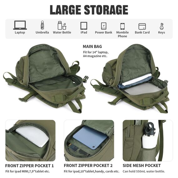 VINBAGGE Rucksack Taktischer Motorrad Wanderrucksack Outdoor Wasserdicht Trekkingrucksack 25L Campus Wandern Arbeit Schulrucksack Jungen Daypack für Herren Damen Grün（500D-Aufrüstung）