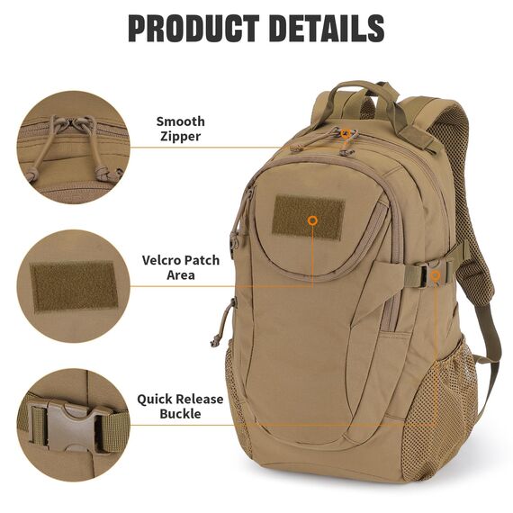 VINBAGGE Rucksack Taktischer Motorrad Wanderrucksack Outdoor Wasserdicht Trekkingrucksack 25L Campus Wandern Arbeit Schulrucksack Jungen Daypack für Herren Damen Braun（500D-Aufrüstung）