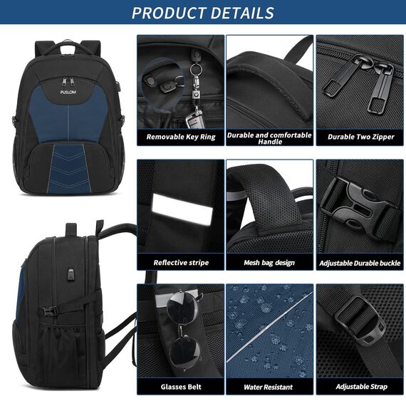 Extra Großer Rucksack Herren 55L Wasserdicht 18.4 Zoll Laptoptasche Arbeit Laptop mit USB Ladeanschluss Anti Diebstahl Business Reisen Schulrucksack für Männer Frauen Jungen Teenager Blau