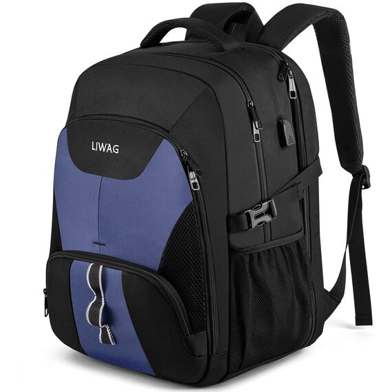 LIWAG Extra Groß Rucksack Herren 50L Wasserdicht 17 Zoll Laptoptasche Arbeit Laptop Rucksack mit USB Ladeanschluss Anti Diebstahl Business Reisen Schulrucksack für Männer Frauen Jungen Teenager Blau