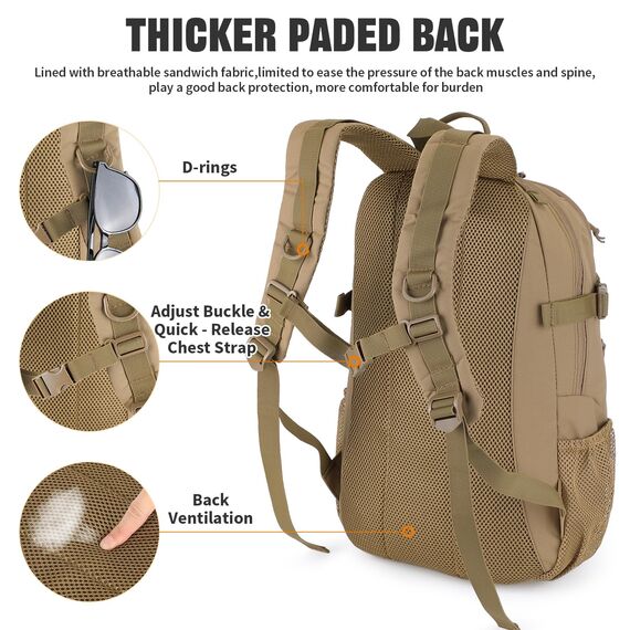 VINBAGGE Rucksack Taktischer Motorrad Wanderrucksack Outdoor Wasserdicht Trekkingrucksack 25L Campus Wandern Arbeit Schulrucksack Jungen Daypack für Herren Damen Braun（500D-Aufrüstung）