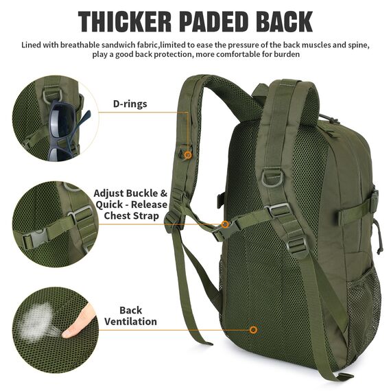 VINBAGGE Rucksack Taktischer Motorrad Wanderrucksack Outdoor Wasserdicht Trekkingrucksack 25L Campus Wandern Arbeit Schulrucksack Jungen Daypack für Herren Damen Grün（500D-Aufrüstung）