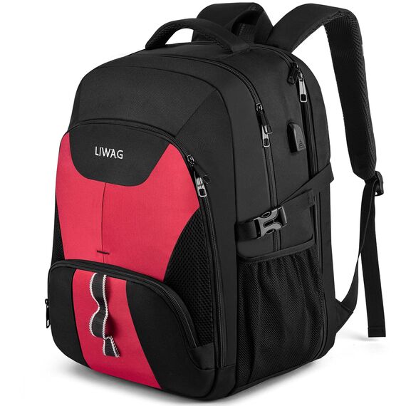 Extra Groß Rucksack Damen 50L Wasserdicht 17 Zoll Laptoptasche Arbeit Laptop Rucksack mit USB Ladeanschluss Anti Diebstahl Business Reisen Schulrucksack für Frauen Mädchen Teenager Rot