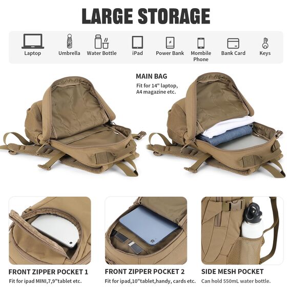 VINBAGGE Rucksack Taktischer Motorrad Wanderrucksack Outdoor Wasserdicht Trekkingrucksack 25L Campus Wandern Arbeit Schulrucksack Jungen Daypack für Herren Damen Braun（500D-Aufrüstung）