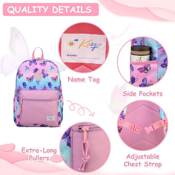 Kasgo Kinderrucksack Jungen, Niedlich Schulrucksack für 6-8 Jährige Mädchen Wasserabweisend Tagesrucksack Vorschulrucksack Kindergartentasche mit Brustgurt Schmetterling