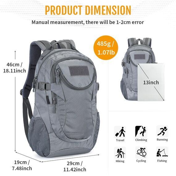VINBAGGE Militär Rucksack Molle Taktische Motorrad Wanderrucksack Outdoor Wasserdicht Trekkingrucksack 25L Campus Jagdrucksack Schulrucksack Jungen Daypack für Herren Damen Grau