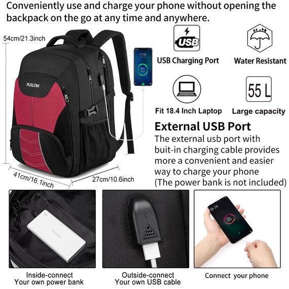Extra Großer Rucksack Damen 55L Wasserdicht 18.4 Zoll Laptoptasche Arbeit Laptop Rucksack mit USB Ladeanschluss Anti Diebstahl Business Reisen Schulrucksack für Männer Frauen Jungen Teenager Rot