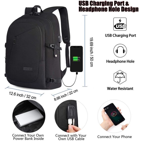 Laptop Rucksack Herren,17 Zoll Laptop Anti Diebstahl Rucksack Tasche Schulrucksack Business Notebook Rucksack Wasserdicht mit USB,Geschenk für Männer,Arbeit Reisen Schüler Jungen Teenager Schwarz
