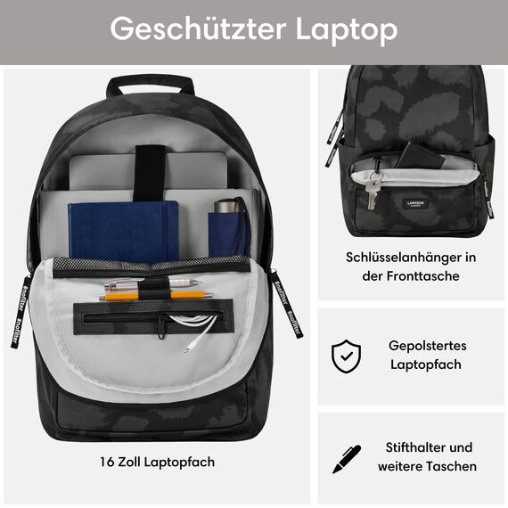 LARKSON Schulrucksack Mädchen & Jungen Teenager Grau Leo - No 3 - Rucksack Damen & Herren für Schule - 16" Laptopfach - Aus Recyceltem PET - Wasserabweisend