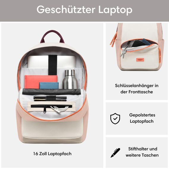 LARKSON Schulrucksack Mädchen & Jungen Teenager Beige Rosa - No 3 - Rucksack Damen & Herren für Schule - 16" Laptopfach - Aus Recyceltem PET - Wasserabweisend