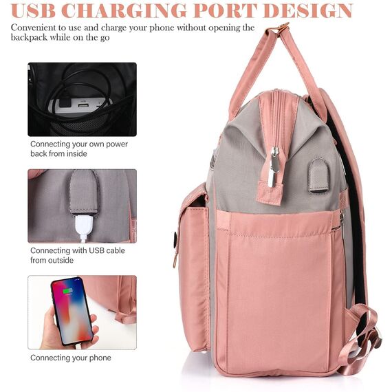 Rucksack Damen für Schule Laptop Rucksack 17,3 Zoll Schulrucksack Mädchen Teenager Daypack wasserdichte mit USB-Ladeanschluss Tablet für Universität, Reisen, Frauen Rosa