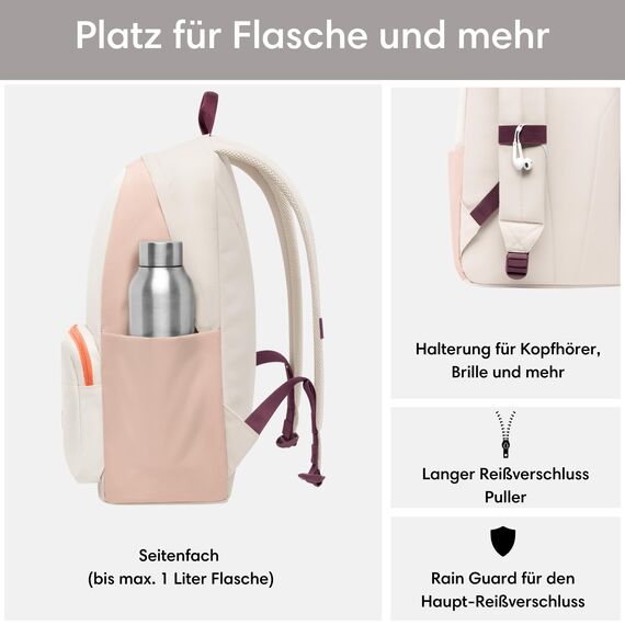 LARKSON Schulrucksack Mädchen & Jungen Teenager Beige Rosa - No 3 - Rucksack Damen & Herren für Schule - 16" Laptopfach - Aus Recyceltem PET - Wasserabweisend
