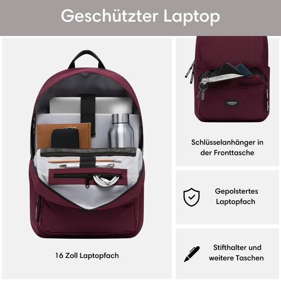 LARKSON Schulrucksack Mädchen & Jungen Teenager Rot - No 3 - Rucksack Damen & Herren für Schule - 16" Laptopfach - Aus Recyceltem PET - Wasserabweisend