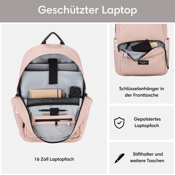 LARKSON Schulrucksack Mädchen & Jungen Teenager Rosa - No 3 - Rucksack Damen & Herren für Schule - 16" Laptopfach - Aus Recyceltem PET - Wasserabweisend