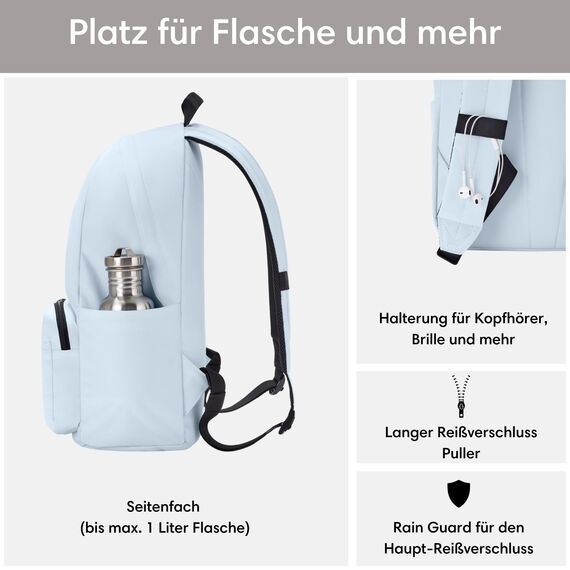 LARKSON Schulrucksack Mädchen & Jungen Teenager Hellblau - No 3 - Rucksack Damen & Herren für Schule - 16" Laptopfach - Aus Recyceltem PET - Wasserabweisend