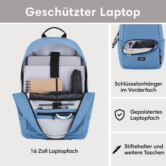 LARKSON Schulrucksack Mädchen & Jungen Teenager Hellblau - No 3 - Rucksack Damen & Herren für Schule - 16" Laptopfach - Aus Recyceltem PET - Wasserabweisend