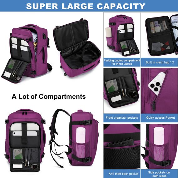 Handgepäck Rucksack 40x20x25 für Ryanair Handgepäck Tasche für Flugzeug 20L Klein Reiserucksack für Damen Laptop Rucksack 14 Zoll mit USB Ladeanschluss Reisetasche für Frauen