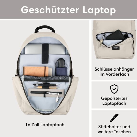 LARKSON Schulrucksack Mädchen & Jungen Teenager Beige - No 3 - Rucksack Damen & Herren für Schule - 16" Laptopfach - Aus Recyceltem PET - Wasserabweisend