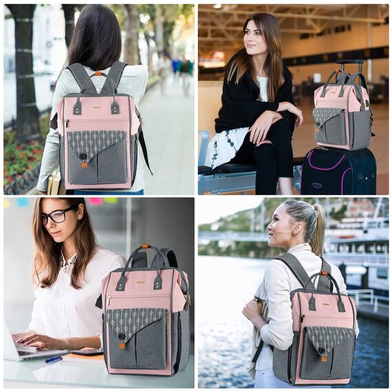 Rucksack Damen für Schule Laptop Rucksack 15,6 Zoll Schulrucksack Mädchen Teenager Daypack Wasserdichte mit USB-Ladeanschluss Tablet für Universität, Reisen, Frauen Rosa