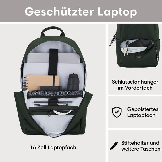 LARKSON Schulrucksack Mädchen & Jungen Teenager Dunkelgrün - No 3 - Rucksack Damen & Herren für Schule - 16" Laptopfach - Aus Recyceltem PET - Wasserabweisend