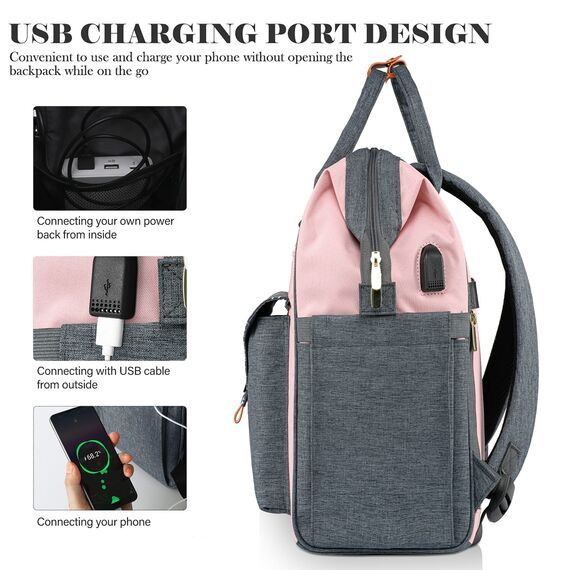 Rucksack Damen für Schule Laptop Rucksack 15,6 Zoll Schulrucksack Mädchen Teenager Daypack Wasserdichte mit USB-Ladeanschluss Tablet für Universität, Reisen, Frauen Rosa