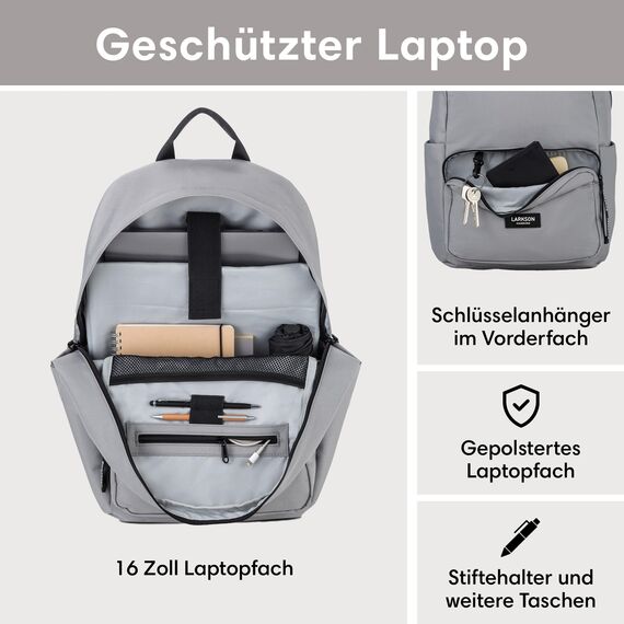 LARKSON Schulrucksack Mädchen & Jungen Teenager Grau - No 3 - Rucksack Damen & Herren für Schule - 16" Laptopfach - Aus Recyceltem PET - Wasserabweisend