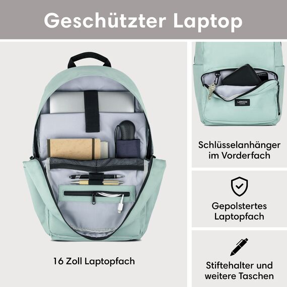 LARKSON Schulrucksack Mädchen & Jungen Teenager Mint - No 3 - Rucksack Damen & Herren für Schule - 16" Laptopfach - Aus Recyceltem PET - Wasserabweisend