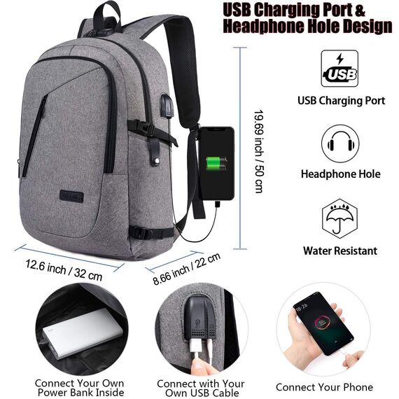 WENIG Laptop Rucksack Herren,17 Zoll Laptop Anti Diebstahl Rucksack Tasche Schulrucksack Business Notebook Rucksack Wasserdicht mit USB,Geschenk für Männer,Arbeit Reisen Schüler Jungen Teenager Grau