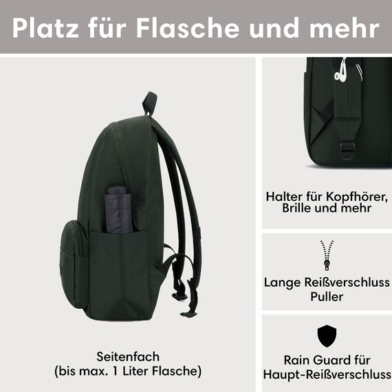LARKSON Schulrucksack Mädchen & Jungen Teenager Dunkelgrün - No 3 - Rucksack Damen & Herren für Schule - 16" Laptopfach - Aus Recyceltem PET - Wasserabweisend