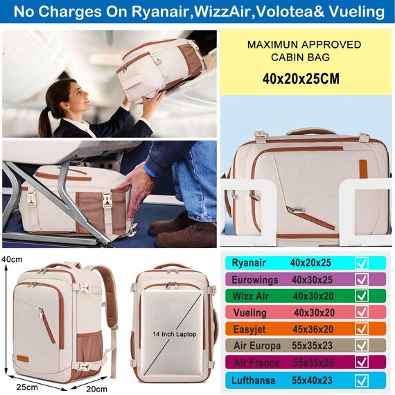 Ryanair Handgepäck 40x20x25 Handgepäck Rucksack Flugzeug Damen Rucksack 40x20x25 Klein 20L Reiserucksack für Frauen Handgepäck Tasche Laptop Rucksack 14 Zoll mit USB Ladeanschluss,Beige-braun