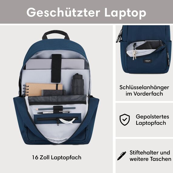 LARKSON Schulrucksack Mädchen & Jungen Teenager Dunkelblau - No 3 - Rucksack Damen & Herren für Schule - 16" Laptopfach - Aus Recyceltem PET - Wasserabweisend