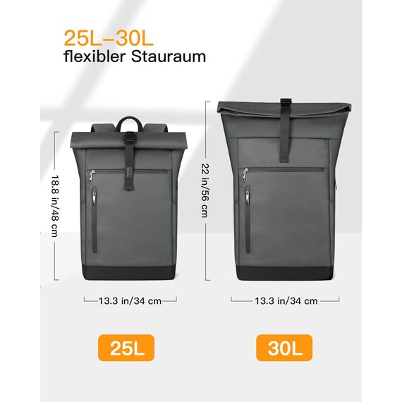 Inateck RollTop Rucksack Herren Damen 25L-30L Fahrradrucksack Schulrucksack für Uni Freizeit Job Sport Reisen, Stylische Tagesrucksack mit 17 Zoll Laptopfach, Grau