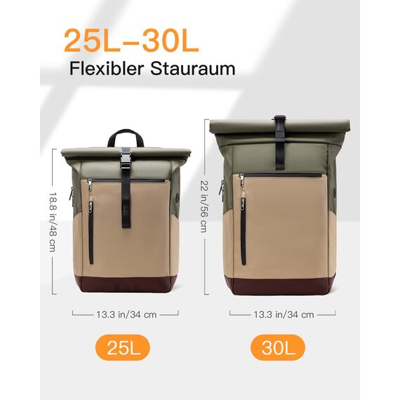 Inateck RollTop Rucksack Herren Damen 25L-30L Fahrradrucksack Schulrucksack für Uni Freizeit Job Sport Reisen, Stylische Tagesrucksack mit 17 Zoll Laptopfach, Khaki