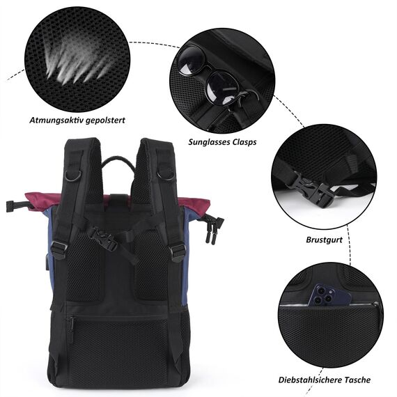 MoFut Rucksack Damen Herren Groß Schulrucksack viele Fächer mit 15,6" Laptopfach, Unisex Wasserdichter Rolltop Rucksack, Lässiger Backpack Schule Freizeit Uni Arbeit Wandern(Blau-Purpel).