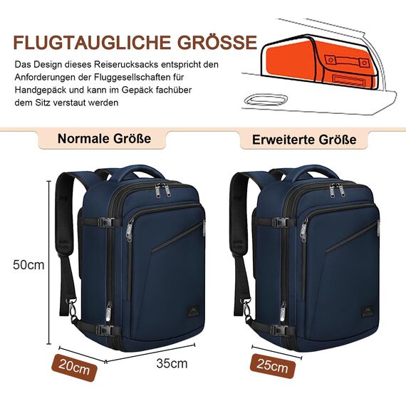MATEIN 40L Reiserucksack Handgepäck Flugzeug, Erweiterbar 50x35x20cm Herren Cabin Bag Leichtgewicht Reise Rucksack Damen Schulrucksack Carry On Travel Backpack für Business, Arbeit, Blau